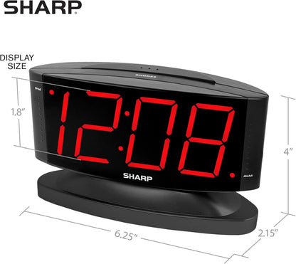 Sharp Home LED Digital Alarm Clock – Swivel Base - Outlet Powered, Simple Operation, Alarm, Snooze, Brightness Dimmer, Big Green Digit Display, (Midnight Black -Red LED)