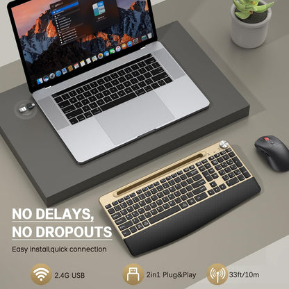 Ergonomic Wireless Keyboard and Mouse with Wrist Rest，Phone Holder - 2.4GHz Full-Sized Low-Profile Quiet Gold Wireless Mouse and Keyboard Combo for Computer, Laptop, PC, Mac-Gold