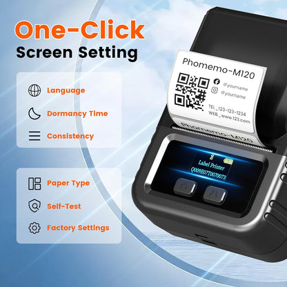 Phomemo M120 Label Maker, 2 Inch Barcode Printer, Portable Thermal Label Maker for Small Bussiness, Barcode, QR Code, Name, Address, Logo, Clothing, Office, Home, Sticker Printer for Phone/PC/Tablet
