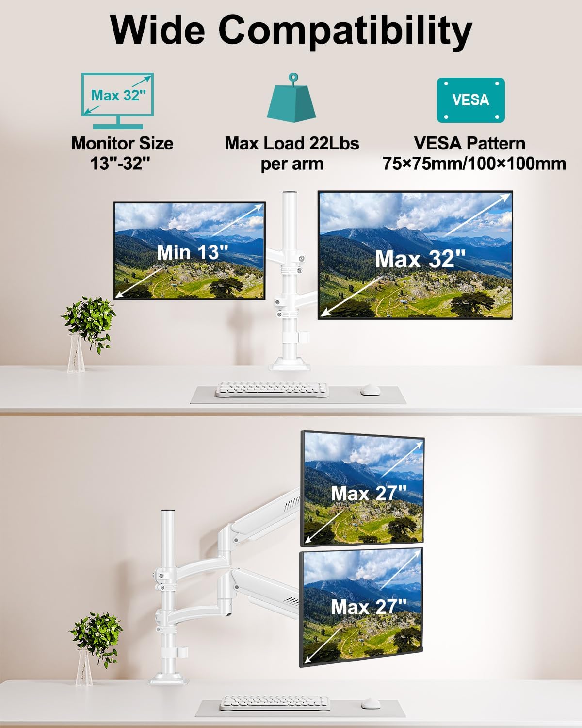 Dual Monitor Stand for Desk, Taller Monitor Arms for 2 Screens up to 32 inch, Ergonomic Adjustable Gas Spring Double Computer Monitor Mount, Holds 4.4-22lbs, VESA 75/100mm, White, Freelift