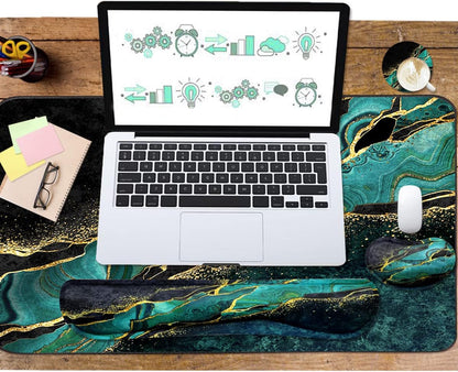 Keyboard Mouse Pad Set, Extended Mouse Pad+Keyboard Wrist Rest Support, Memory Foam Ergonomic Easy Typing, 3Pcs (35.4×15.7 in) Desk Pad Set for Home Office Study Game - Malachite Marble