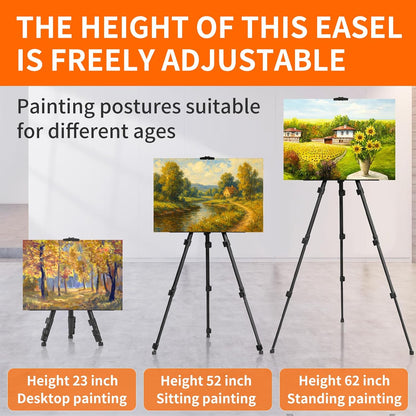 Easel Stand for Sign 2 PCS, Adjuastable Travel Art Canvas Holder with Portable Bag, Metal Tripod Poster Holder Stand Height from 17 to 66 inches, Black