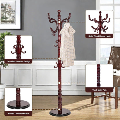 Solid Wood Coat Rack – 73" Freestanding Coat Racks Stand with 14 Hooks & Stable Round Base, Adjustable Height Modern Wooden Hall Tree for Entryway, Bedroom, Office, Home (Mahogany Round)