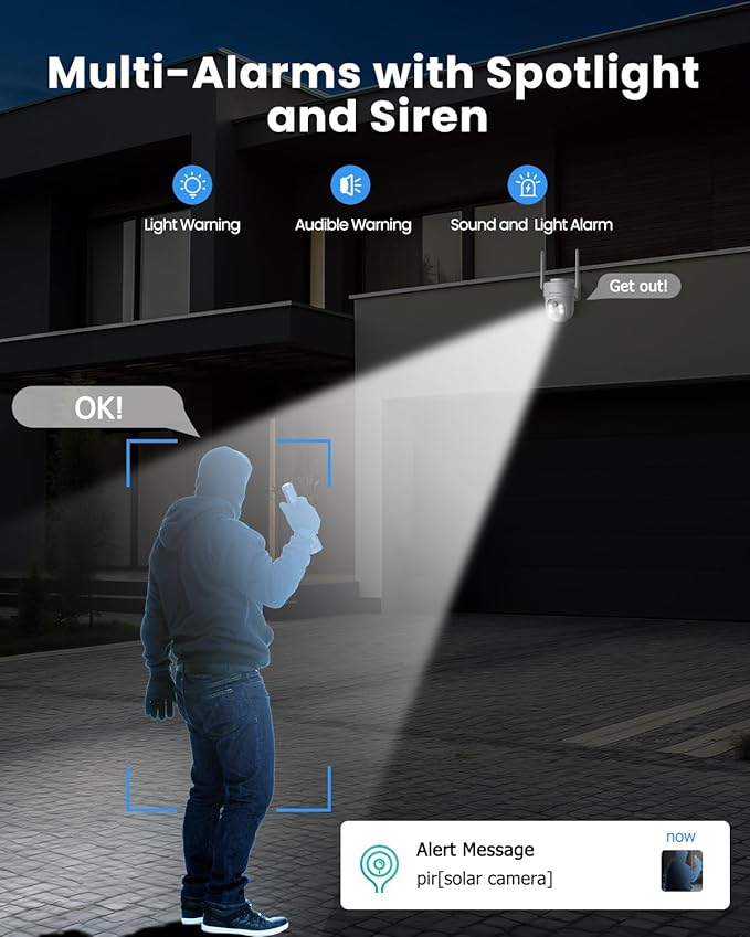 Security Camera Outdoor Wireless, 3K/5MP Solar Camera Outdoor Wireless, Battery Powered 360°PTZ, Color Night Vision,PIR Motion Detection,2-Way Audio,Compatible with Alexa