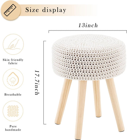 Cotton Knitted Ottoman Round Footstool Vanity Stool Modern Stool Ottoman Footrest Stool with Non-Skid Wood Legs for Living Room Bedroom White