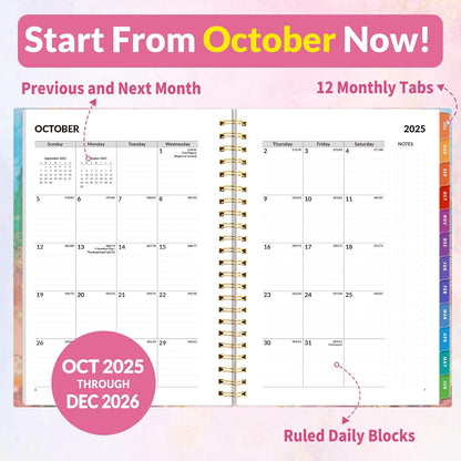 SUNEE 2026 Weekly and Monthly Planner - from January 2025 - December 2025, 6.4" x 8.3" Daily Agenda Planner with Monthly Tab, Flexible Cover, Note Pages, Pockets, Bookmark, Spiral Binding, Marble