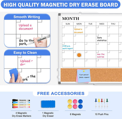 Monthly Calendar Whiteboard Dry Erase Cork Board Combo for Wall, 30" x 20" Magnetic Double-Sided Calendar White Board and Bulletin Board, Portable Board for Office, Kitchen, School, Home, Dorm