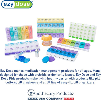 EZY DOSE Weekly (7-Day) Pill Case, Daily Medicine Planner, Vitamin Organizer Container, Large Push Button Compartments, Easy to Use, 3 Times a Day, Spring Open Design, Rainbow Lids, BPA Free