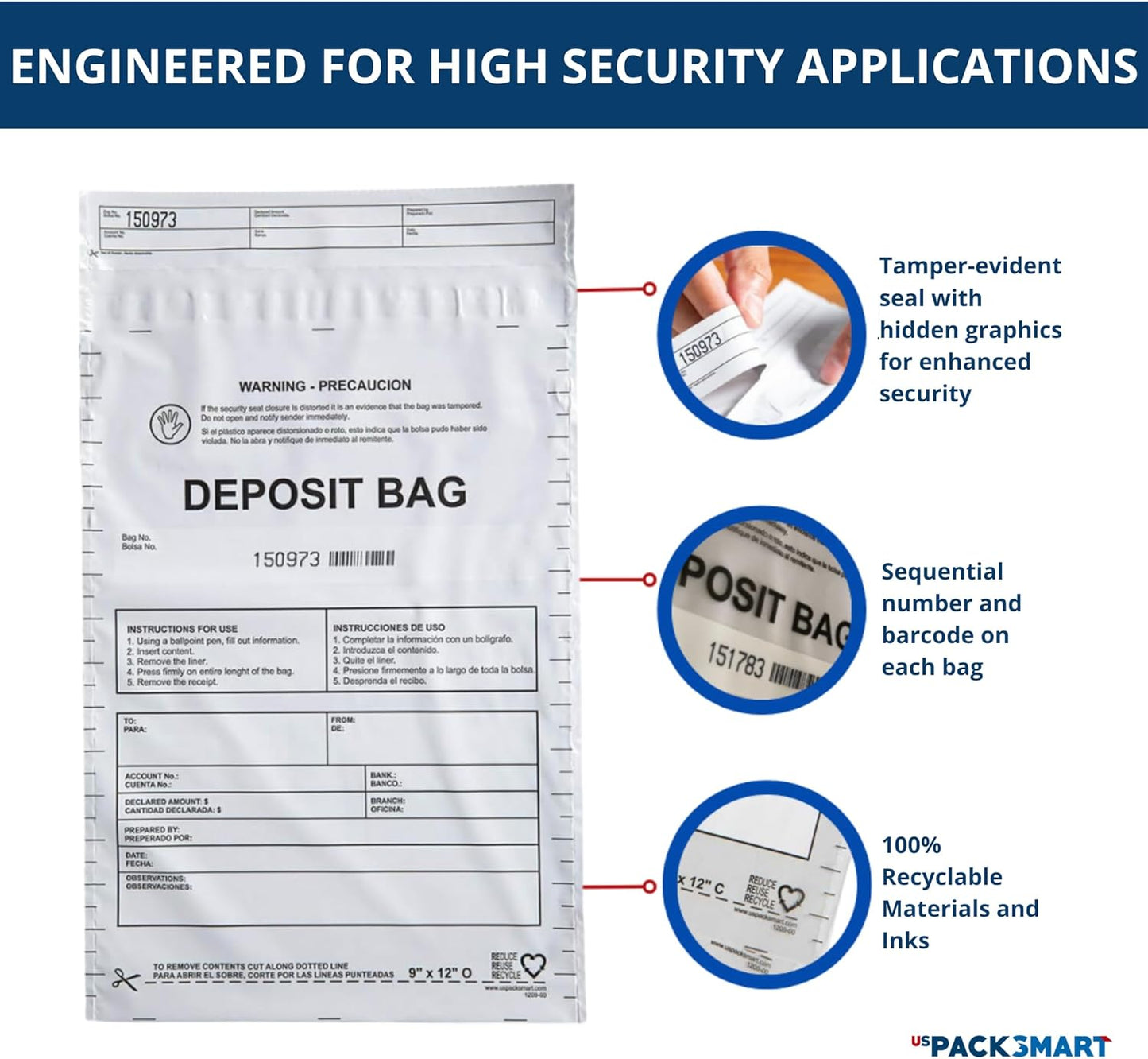 Opaque Plastic Deposit Bags 9"x12" | Secure Bank Deposits, Cash Handling or Safe Currency Transportation | Sequential Barcodes | Tamper-Evident | Tear-Off Receipt for Security | 100-Pack