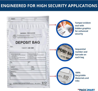 Opaque Plastic Deposit Bags 9"x12" | Secure Bank Deposits, Cash Handling or Safe Currency Transportation | Sequential Barcodes | Tamper-Evident | Tear-Off Receipt for Security | 100-Pack