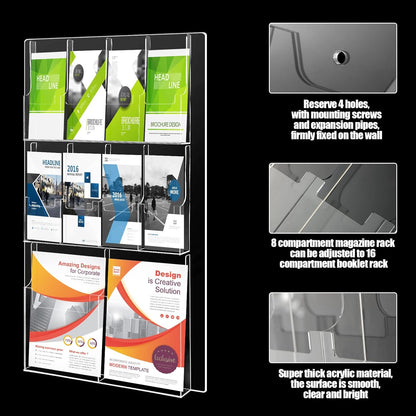 Weysat Acrylic Brochure Holder Wall Mount, Clear Plastic Pamphlet Holder Magazine Display Trifold Flyer Rack Hanging Literature Storage Organizer(2 Magazine Pockets, 8 Pamphlet Pockets)