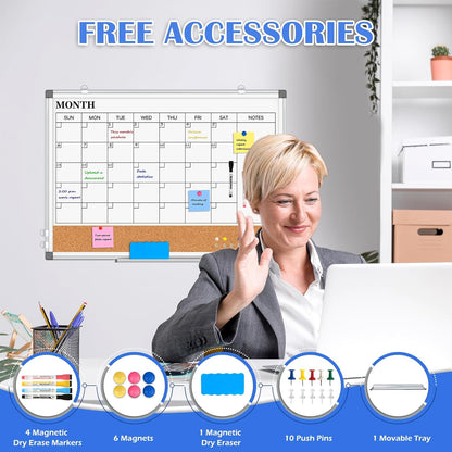 Monthly Calendar Whiteboard Dry Erase Cork Board Combo for Wall, 24" x 18" Double-Sided Calendar White Board and Bulletin Board, Portable Board for Office, Kitchen, School, Home