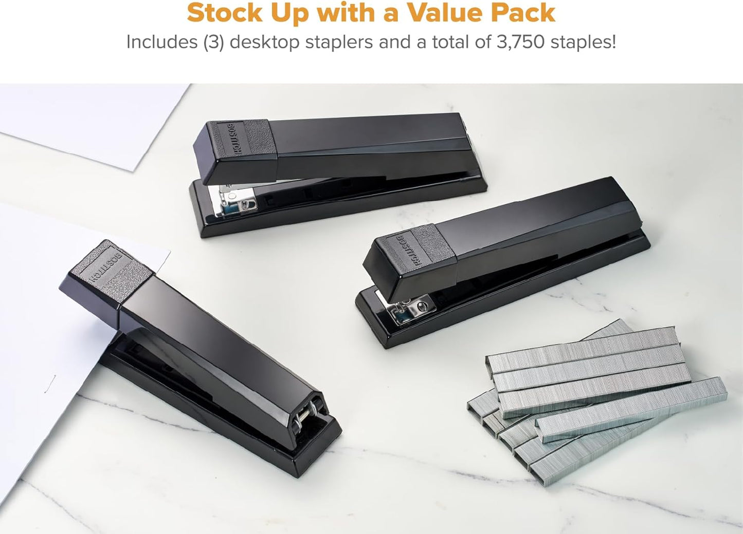 Bostitch Office No-Jam Premium Desktop Stapler, Full-Strip, Black, 1,250 Staples Included, 3-Pack
