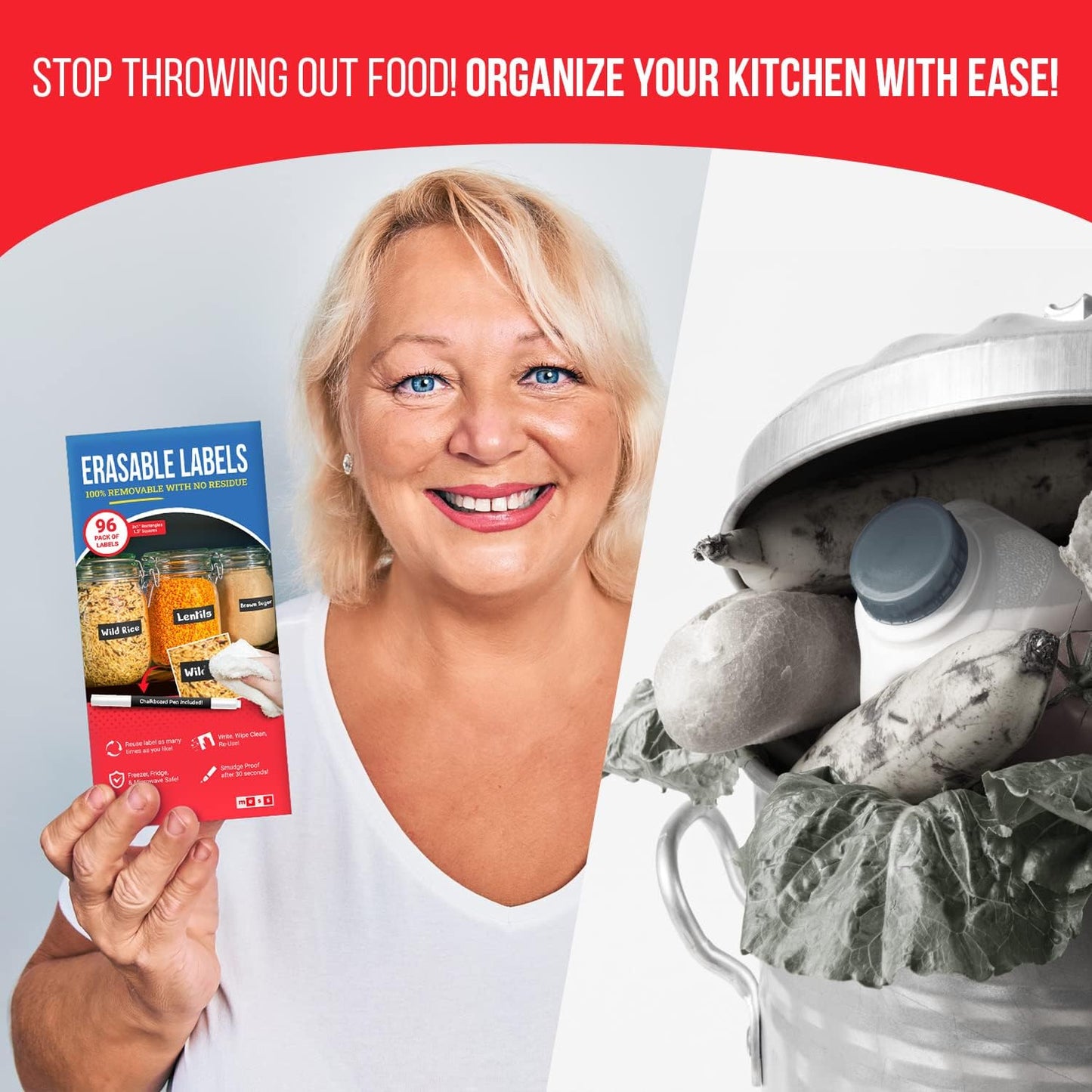 MESS Reusable Chalkboard Labels for Food Containers, 96-Pack (1x3 & 1.5") – Erasable Dry Erase Stickers – Removable Kitchen Labels for Fridge, Freezer & Organizing