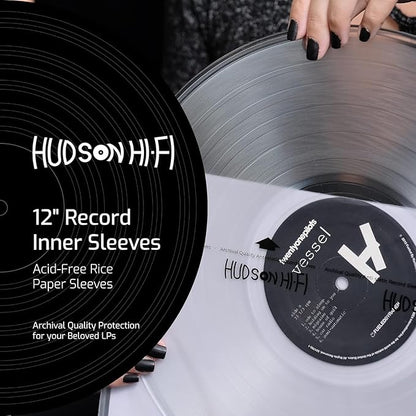 Hudson Hi-Fi Anti-Static Vinyl Record Inner Sleeves 50 Pack - Durable Clear Disc Sleeves- Protect Your LP Albums from Scratches, Dust & Dirt - Acid-Free Rice Paper Interior Disc Covers