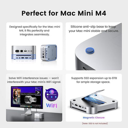 Mac mini M4 Dock & Hub with 8TB NVMe SSD Enclosure, 4K@60Hz HDMI, 2x10Gbps USB A, 1x5Gbps USB A, USB-C Charge, SD/TF, Audio 3.5mm, Stand Docking Station for Mac mini M4/M4 Pro