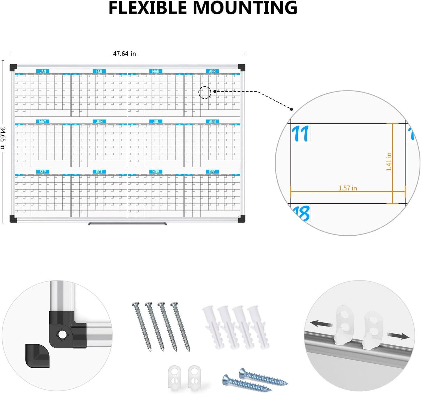 XBoard Magnetic Calendar Whiteboard 48" x 36", 12 Months Calendar Dry Erase Board, Silver Aluminium Framed White Board Planner for Home School Office Organization