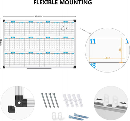 XBoard Magnetic Calendar Whiteboard 48" x 36", 12 Months Calendar Dry Erase Board, Silver Aluminium Framed White Board Planner for Home School Office Organization
