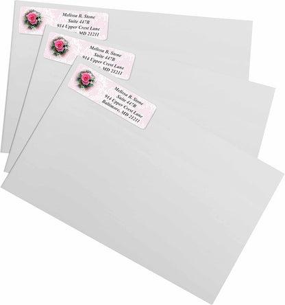 Romantic Rose Designer Rolled Address Labels with Elegant Plastic Dispenser