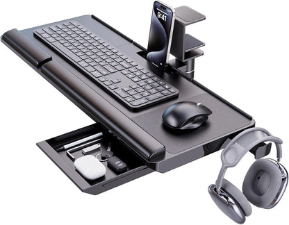 Klearlook Keyboard Tray Under Desk with 360° Rotation, Ergonomic Computer Keyboard & Mouse Tray 25"W×11.02"D Sit Stand Desk Keyboard Holder w/Wrist Rest & Storage Drawer (Height is not Adjustable)
