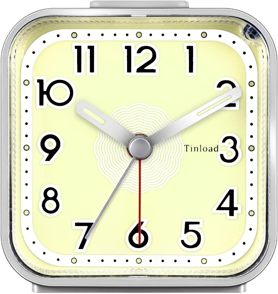 Small Analog Alarm Clock Silent Non Ticking, Ascending Beep Sounds, Snooze,Glow in Dark dial, Manual Light, Battery Operated(Silver)