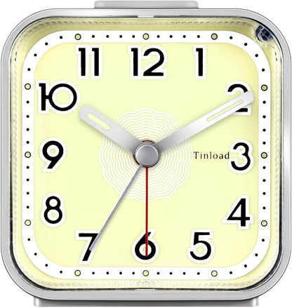 Small Analog Alarm Clock Silent Non Ticking, Ascending Beep Sounds, Snooze,Glow in Dark dial, Manual Light, Battery Operated(Silver)