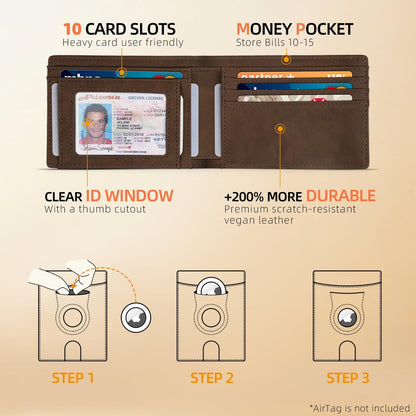 RUNBOX AirTag-Wallet-Mens-Slim-RFID Blocking Wallets Leather with Bill Compartment Air Tag Bifold Card Holder Wallet Gifts for Men Dad