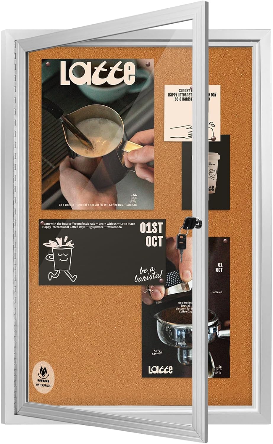 36x24 Inch Lockable Outdoor Enclosed Bulletin Board, Weatherproof Cork Noticeboard with Locking Door, Tamperproof Wall-Mounted Aluminum Frame Notice Poster Memo Board