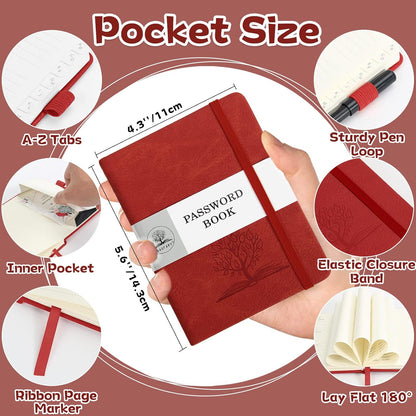 DAOFARY Password Book with Alphabetical Tabs - Small Password Keeper Book (5.6 * 4.3 in) with Inner Pocket, Hardcover Password Keeper Notebook for Log Internet Website Information (Red)