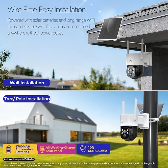 [Night Color] XMARTO 10CH 10Pcs 2K HD Wireless Solar Security Camera System with Starlight Color Night Vision, PTZ Control, Long Range WiFi6, HDMI View on Monitor, 0 Monthly Fee, 64GB Micro SD