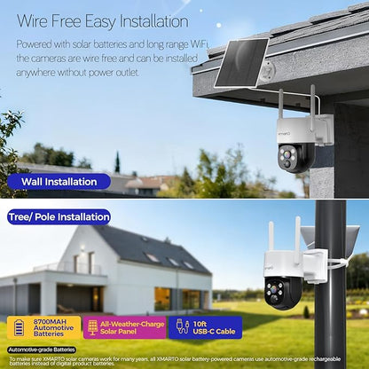 [Night Color] XMARTO 10CH 10Pcs 2K HD Wireless Solar Security Camera System with Starlight Color Night Vision, PTZ Control, Long Range WiFi6, HDMI View on Monitor, 0 Monthly Fee, 64GB Micro SD