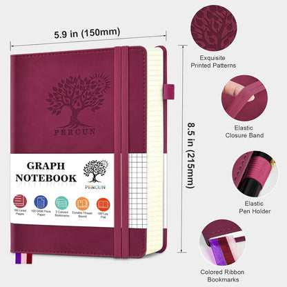 Graph Paper Notebook, 160 Pages Grid Journal for women & men, A5 Hardcover Leather Graphing Notebook for School, Work, Travel, Note Taking 5.9”x8.5” (Burgundy)