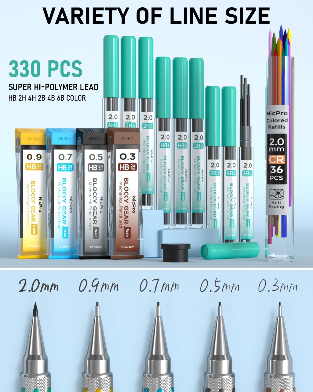 Nicpro Blocky Gear Metal Mechanical Pencil Set in Leather Case, 29PCS Art Drafting Pencils 0.3, 0.5, 0.7, 0.9&2mm Lead Pencil with 330PCS Lead (HB 2H 4H 2B 4B 6B Color) For Writing Sketching Drawing