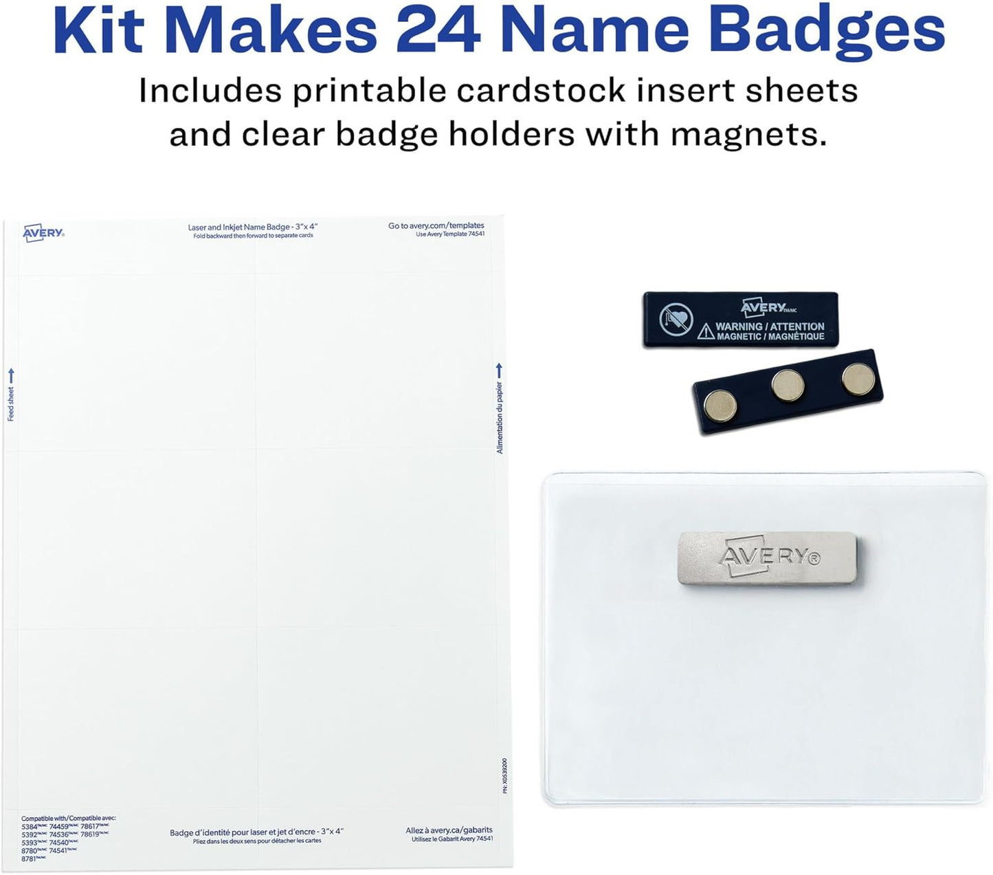 AVERY Name Badges, 3" x 4", Magnetic | Clear | Customizable | With Printable Inserts | 24 Badges, Pack of 5