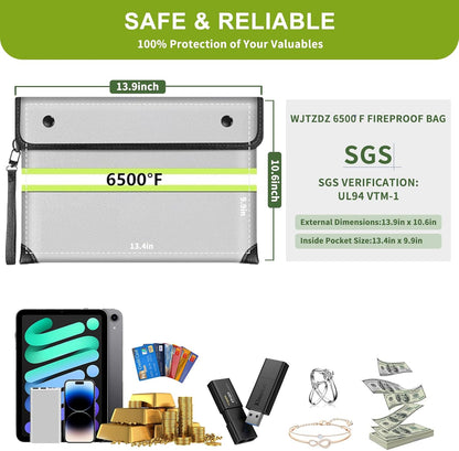 Fireproof Money Bag,6500°F Fireproof Waterproof Zipper/Reflective Strip,10 Layers of Heat Insulated Materials,Fireproof Document Bag with Handle for Cash/Important Documents/Valuables