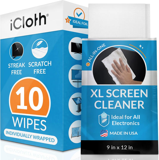 iCloth XL Screen Cleaning Wipes, Lint-Free and Streak-Free, Fast-Drying, Removes Dust, Fingerprints, and Smudges (10 XL Wipes)