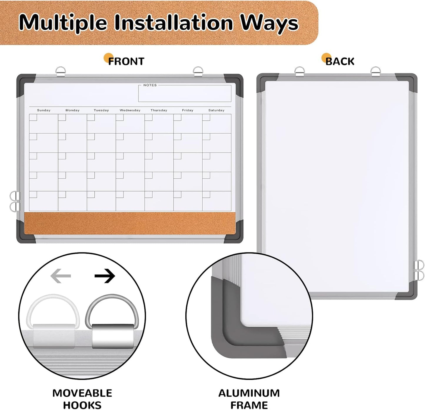 Monthly Calendar Whiteboard Dry Erase Cork Board Combination for Wall, 17"x13" Magnetic Dry Erase Board, Double-Sided White Board, Portable Board for Office, Kitchen, Planning, Memo, School, Home