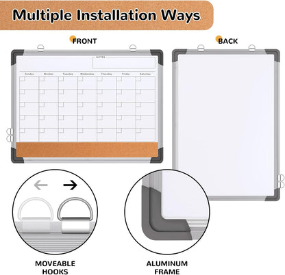 Monthly Calendar Whiteboard Dry Erase Cork Board Combination for Wall, 17"x13" Magnetic Dry Erase Board, Double-Sided White Board, Portable Board for Office, Kitchen, Planning, Memo, School, Home