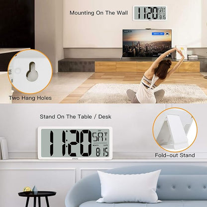 XREXS Large Digital Wall Clock with Backlight, 16.9 Inch Jumbo LCD Screen with Time/Calendar/Temperature Display, Alarm Clocks for Bedroom Home Decor, Count Up & Down Timer (Batteries Included)