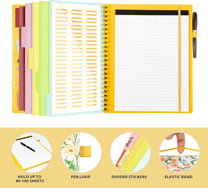 Clipboard with Storage for Men Women, Leather Padfolio Portfolio Organizer 5 Folders with 10 Pockets, Spiral Clipboard Folio with Notepad for Letter Size, Elastic Closure and Pen Loop Floral