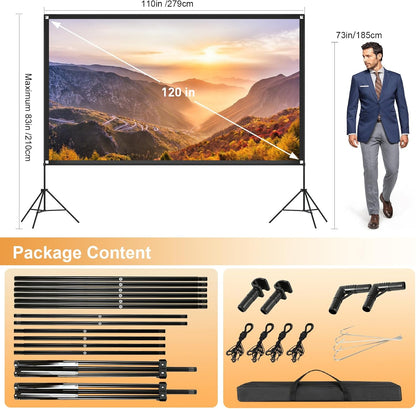 120 Inch Projector Screen with Dual Tripod Stands, 16:9 4K HD Foldable Anti-Crease Portable Outdoor Projector Screen with Stand for Movie Nights, Backyard, Indoor Home Theater, Large Projection Screen