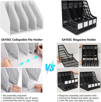 SAYEEC Collapsible Magazine Holder Plastic Desktop 4 Compartment File Desk Magazine Organizer Vertical File Divider Sorter Storage Document Organizer for Office Home School Gray
