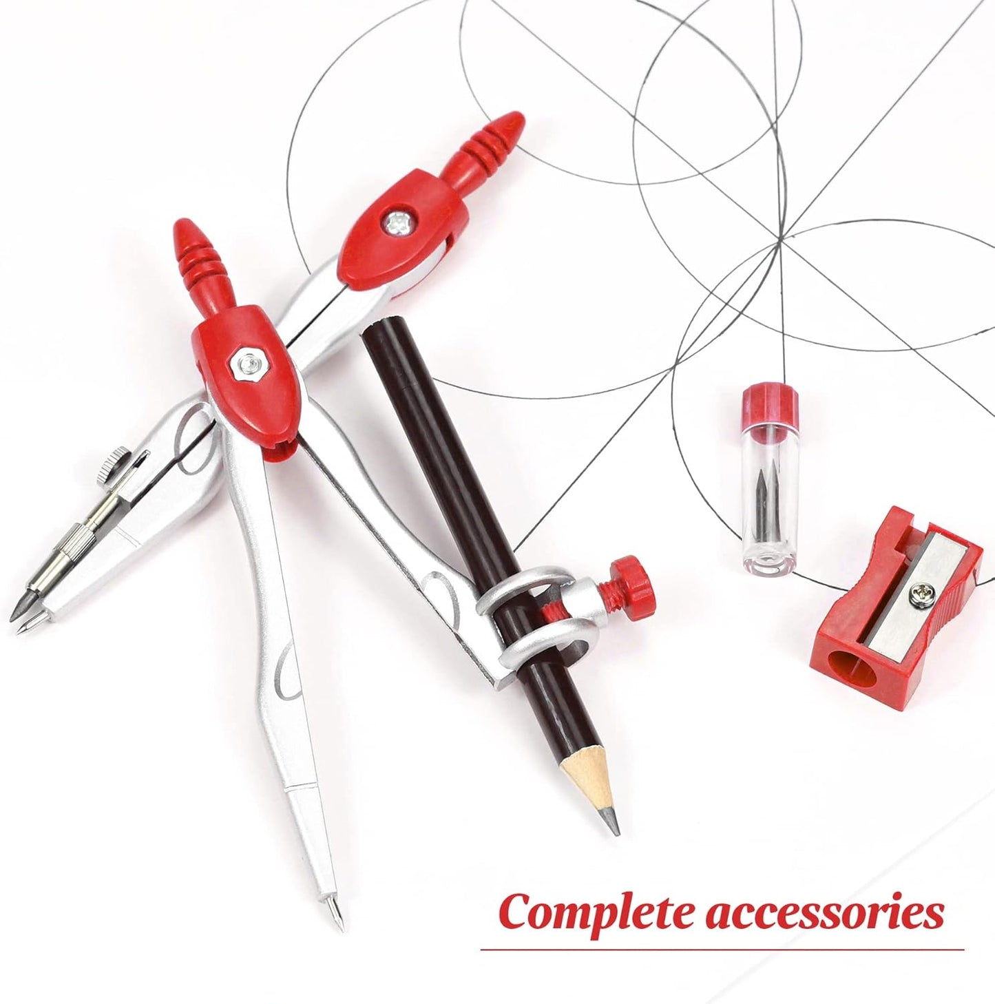 Math Geometry Kit Sets 10 Piece Student Supplies with Shatterproof Storage Box,Includes Rulers,Protractor,Compass,Eraser,Pencil Sharpener,Lead Refills,Pencil,for Drafting and Drawings（Red）