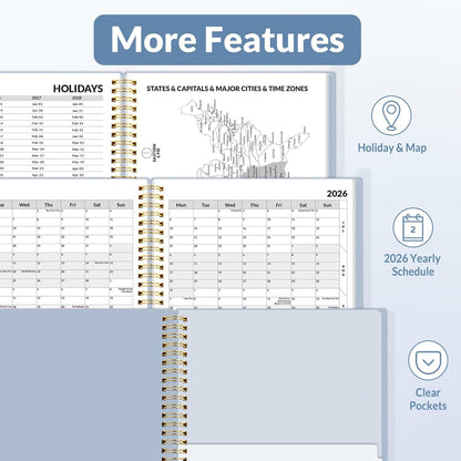SUNEE 2026 Weekly and Monthly Planner - from January 2026 - December 2026, 6.4" x 8.3" Daily Agenda Planner with Monthly Tab, Flexible Cover, Note Pages, Pockets, Bookmark, Spiral Binding, Gray Blue