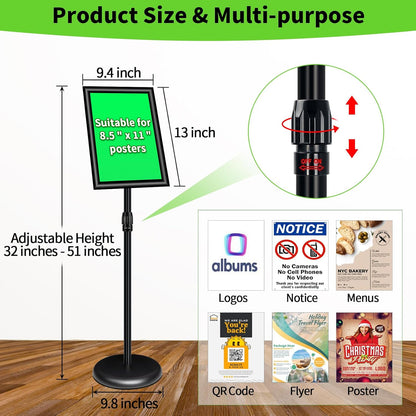 2Packs Adjustable Pedestal Sign Holder Stand 8.5''x11'', Floor Standing Poster Sign Stand, Aluminum Frame for Vertical/Horizontal View Sign stand,Outdoor/Indoor Standing Sign Holders, Black