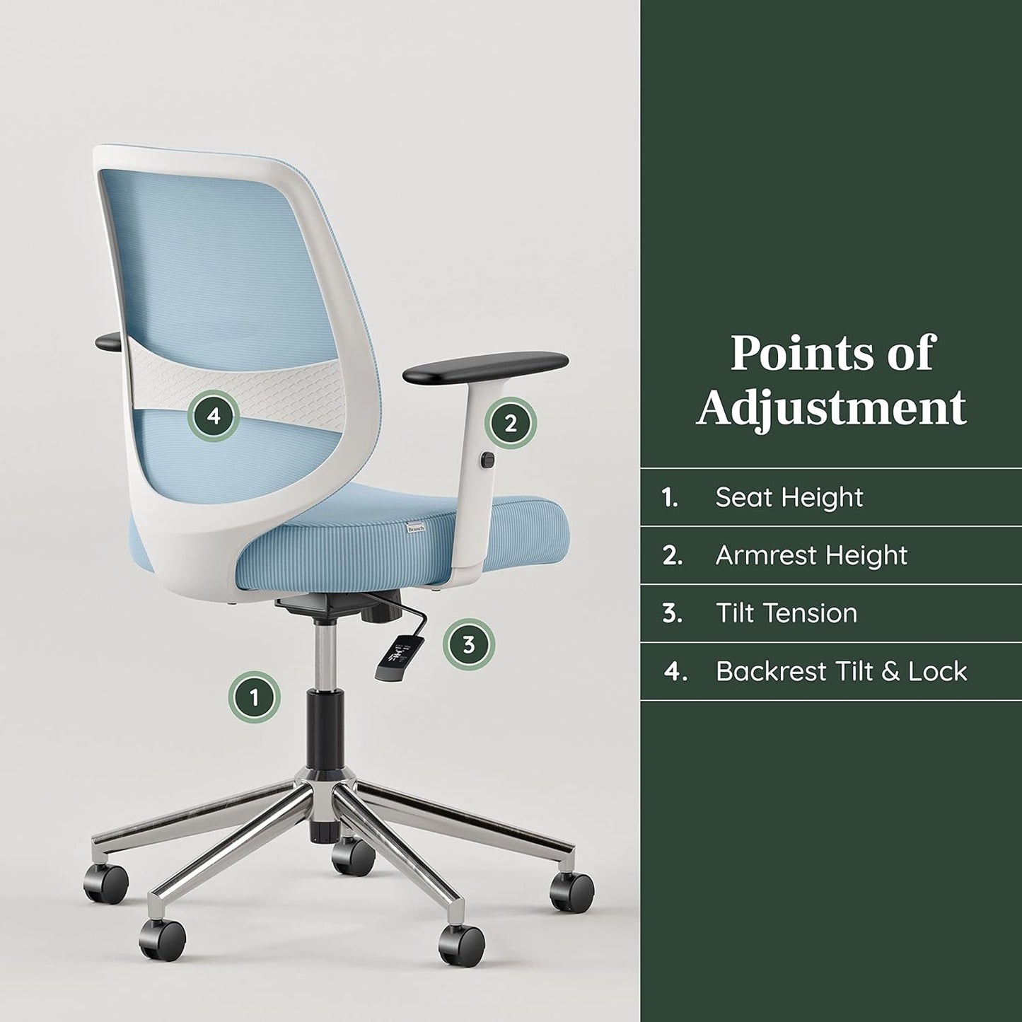 Branch Daily Chair - Computer Office Chair with Swivel, Lumbar Rest, and Adjustable Armrests - Sustainable, Stylish Mesh, & Adjustable Armrests - Comfortable Seating for Improved Posture - Blue