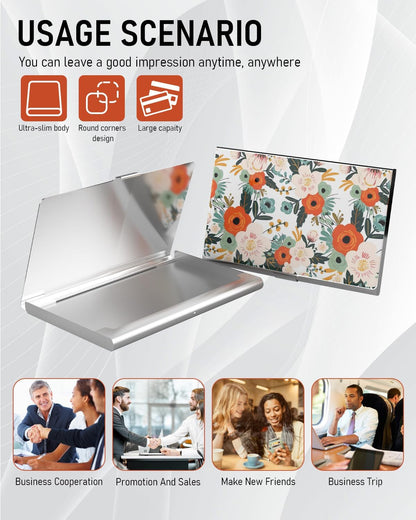 Business Card Metal Slim Organizer, Professional Stainless Steel Square Pocket Wallet for Office Workers, Compact and Portable for Pockets (Retro Flowers)