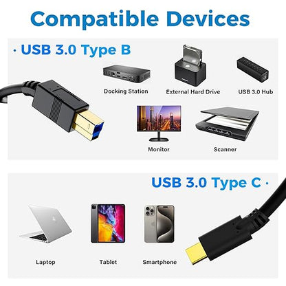 USB C to B 3.0 Cable 4 FT, USB-C-Male to USB B-Male 3.0 Cable, Gold-Plated Connectors, Compatible with Docking Station, External Hard Drivers, Scanner, Hard Drive Enclosure, Built-in Hub & More, Black