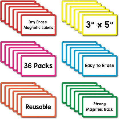 36 Pack Magnetic Dry Erase Labels - Magnetic Blank Cards with Color Borders, Reusable Magnetic Name Tags - Dry Erase Labels for Home, Office, Classroom - 3 x 5 Inches