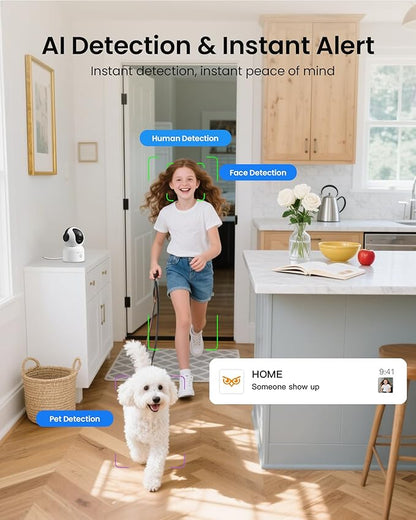 4K 8MP WiFi Camera, 360°Pan/Tilt Indoor Camera, 2-Way Talk, One-Touch Calling, Full-Color Night Vision in Low Light, Smart AI Detection, Auto Tracking, for Kids/Elderly/Pets, Black